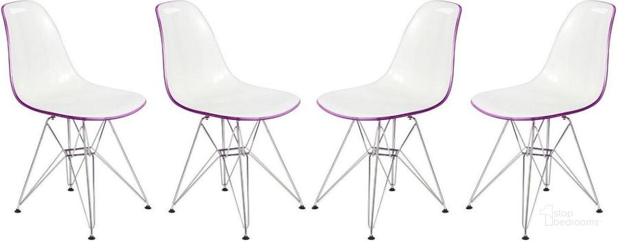 The appearance of 4 LeisureMod Cresco White Purple Molded Eiffel Side Chairs designed by LeisureMod in the modern / contemporary interior design. This white purple piece of furniture  was selected by 1StopBedrooms from Cresco Collection to add a touch of cosiness and style into your home. Sku: CR19WPR4. Product Type: Side Chair. Material: Plastic. Image1