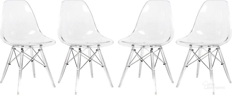 The appearance of 4 LeisureMod Dover Clear Molded Acrylic Base Side Chairs designed by LeisureMod in the modern / contemporary interior design. This clear piece of furniture  was selected by 1StopBedrooms from Dover Collection to add a touch of cosiness and style into your home. Sku: EPC19CL4. Product Type: Side Chair. Material: Plastic. Image1
