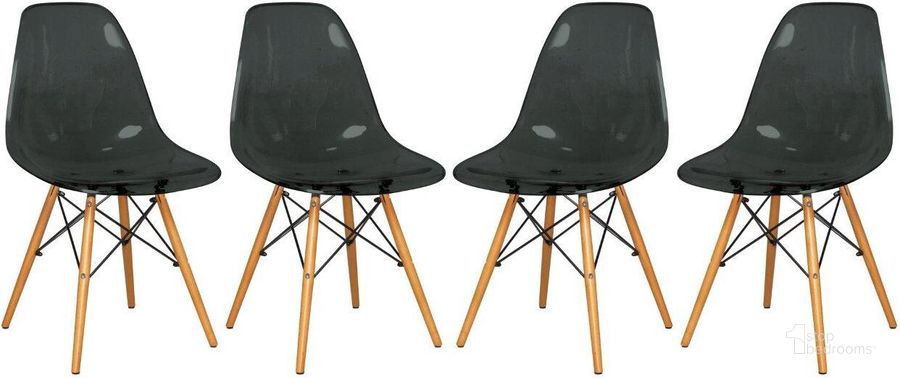 The appearance of 4 LeisureMod Dover Transparent Black Molded Side Chairs designed by LeisureMod in the modern / contemporary interior design. This transparent black piece of furniture  was selected by 1StopBedrooms from Dover Collection to add a touch of cosiness and style into your home. Sku: EP19TBL4. Product Type: Side Chair. Material: Plastic. Image1