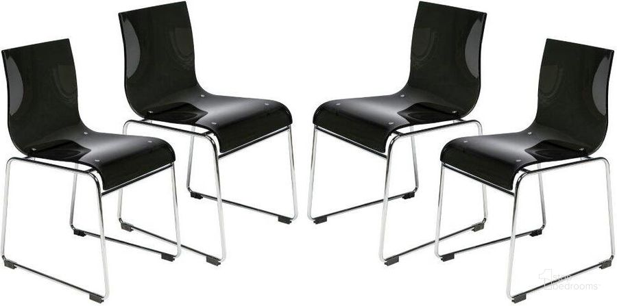 The appearance of 4 LeisureMod Lima Transparent Black Acrylic Chairs designed by LeisureMod in the modern / contemporary interior design. This transparent black piece of furniture  was selected by 1StopBedrooms from Lima Collection to add a touch of cosiness and style into your home. Sku: LC19TBL4. Product Type: Side Chair. Material: Acrylic. Image1