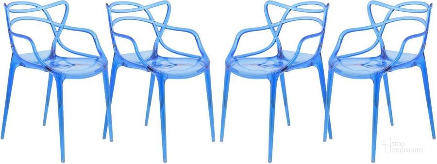The appearance of 4 LeisureMod Milan Blue Wire Design Chairs designed by LeisureMod in the modern / contemporary interior design. This blue piece of furniture  was selected by 1StopBedrooms from Milan Collection to add a touch of cosiness and style into your home. Sku: MW17TBU4. Product Type: Arm Chair. Material: Plastic. Image1
