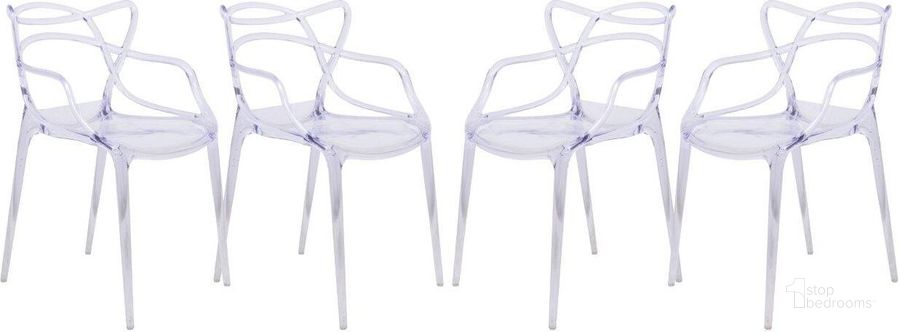 The appearance of 4 LeisureMod Milan Clear Wire Design Chairs designed by LeisureMod in the modern / contemporary interior design. This clear piece of furniture  was selected by 1StopBedrooms from Milan Collection to add a touch of cosiness and style into your home. Sku: MW17CL4. Product Type: Arm Chair. Material: Plastic. Image1