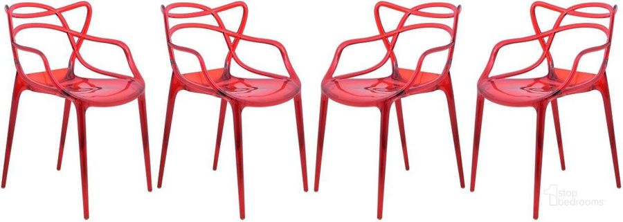 The appearance of 4 LeisureMod Milan Red Wire Design Chairs designed by LeisureMod in the modern / contemporary interior design. This red piece of furniture  was selected by 1StopBedrooms from Milan Collection to add a touch of cosiness and style into your home. Sku: MW17TR4. Product Type: Arm Chair. Material: Plastic. Image1