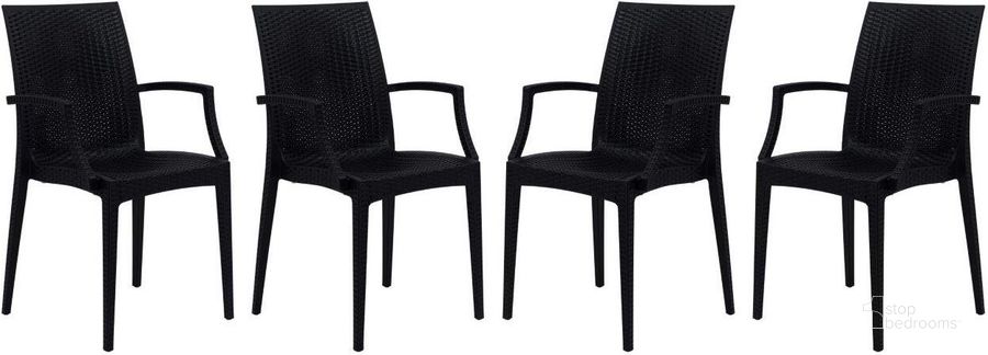 The appearance of 4 LeisureMod Weave Black Mace Indoor Outdoor Arm Chairs designed by LeisureMod in the modern / contemporary interior design. This black piece of furniture  was selected by 1StopBedrooms from Weave Collection to add a touch of cosiness and style into your home. Sku: MCA19BL4. Material: Polypropylene. Product Type: Outdoor Chair. Image1