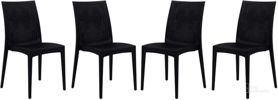 The appearance of 4 LeisureMod Weave Black Mace Indoor Outdoor Armless Dining Chairs designed by LeisureMod in the modern / contemporary interior design. This black piece of furniture  was selected by 1StopBedrooms from Weave Collection to add a touch of cosiness and style into your home. Sku: MC19BL4. Material: Polypropylene. Product Type: Dining Chair. Image1