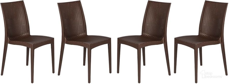The appearance of 4 LeisureMod Weave Brown Mace Indoor Outdoor Armless Dining Chairs designed by LeisureMod in the modern / contemporary interior design. This brown piece of furniture  was selected by 1StopBedrooms from Weave Collection to add a touch of cosiness and style into your home. Sku: MC19BR4. Material: Polypropylene. Product Type: Dining Chair. Image1