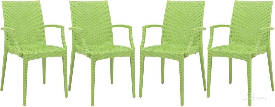 The appearance of 4 LeisureMod Weave Green Mace Indoor Outdoor Arm Chairs designed by LeisureMod in the modern / contemporary interior design. This green piece of furniture  was selected by 1StopBedrooms from Weave Collection to add a touch of cosiness and style into your home. Sku: MCA19G4. Material: Polypropylene. Product Type: Outdoor Chair. Image1
