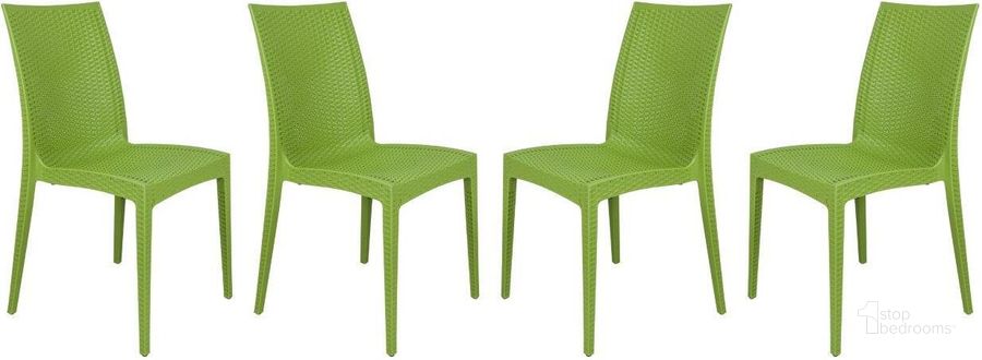 The appearance of 4 LeisureMod Weave Lime Green Mace Indoor Outdoor Armless Dining Chairs designed by LeisureMod in the modern / contemporary interior design. This lime green piece of furniture  was selected by 1StopBedrooms from Weave Collection to add a touch of cosiness and style into your home. Sku: MC19G4. Material: Polypropylene. Product Type: Dining Chair. Image1