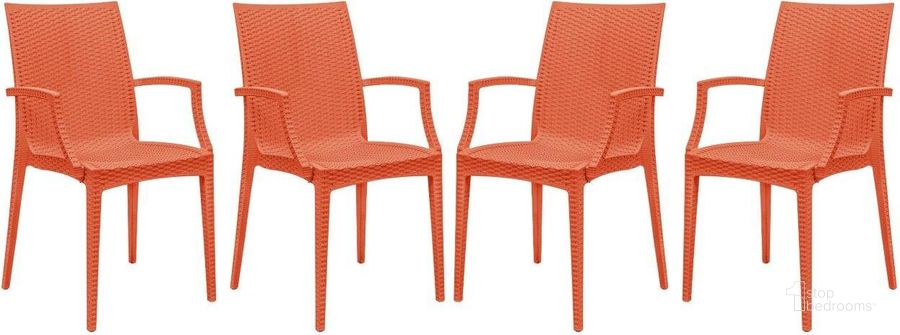 The appearance of 4 LeisureMod Weave Orange Mace Indoor Outdoor Arm Chairs designed by LeisureMod in the modern / contemporary interior design. This orange piece of furniture  was selected by 1StopBedrooms from Weave Collection to add a touch of cosiness and style into your home. Sku: MCA19OR4. Material: Polypropylene. Product Type: Outdoor Chair. Image1