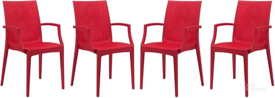 The appearance of 4 LeisureMod Weave Red Mace Indoor Outdoor Arm Chairs designed by LeisureMod in the modern / contemporary interior design. This red piece of furniture  was selected by 1StopBedrooms from Weave Collection to add a touch of cosiness and style into your home. Sku: MCA19R4. Material: Polypropylene. Product Type: Outdoor Chair. Image1