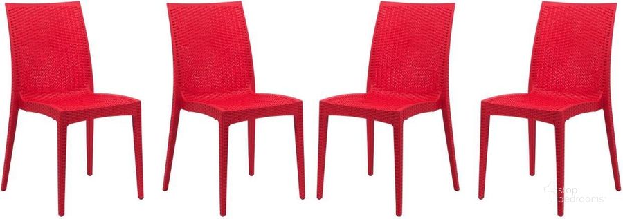 The appearance of 4 LeisureMod Weave Red Mace Indoor Outdoor Armless Dining Chairs designed by LeisureMod in the modern / contemporary interior design. This red piece of furniture  was selected by 1StopBedrooms from Weave Collection to add a touch of cosiness and style into your home. Sku: MC19R4. Material: Polypropylene. Product Type: Dining Chair. Image1