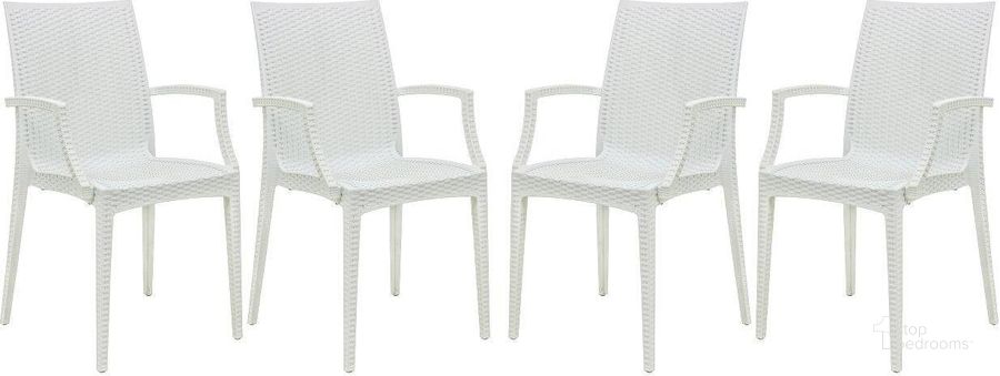 The appearance of 4 LeisureMod Weave White Mace Indoor Outdoor Arm Chairs designed by LeisureMod in the modern / contemporary interior design. This white piece of furniture  was selected by 1StopBedrooms from Weave Collection to add a touch of cosiness and style into your home. Sku: MCA19W4. Material: Polypropylene. Product Type: Outdoor Chair. Image1
