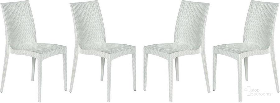 The appearance of 4 LeisureMod Weave White Mace Indoor Outdoor Armless Dining Chairs designed by LeisureMod in the modern / contemporary interior design. This white piece of furniture  was selected by 1StopBedrooms from Weave Collection to add a touch of cosiness and style into your home. Sku: MC19W4. Material: Polypropylene. Product Type: Dining Chair. Image1