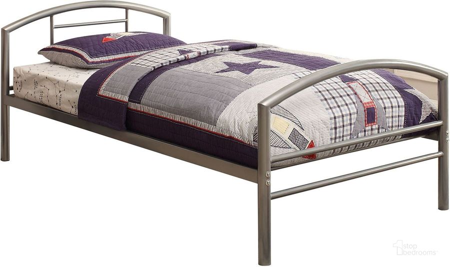 The appearance of Baines Silver Twin Panel Bed designed by Coaster in the transitional interior design. This gray piece of furniture  was selected by 1StopBedrooms from Baines Collection to add a touch of cosiness and style into your home. Sku: 400159T. Material: Metal. Bed Size: Twin. Product Type: Slat / Spindle Bed. Bed Type: Slat / Spindle Bed. Image1