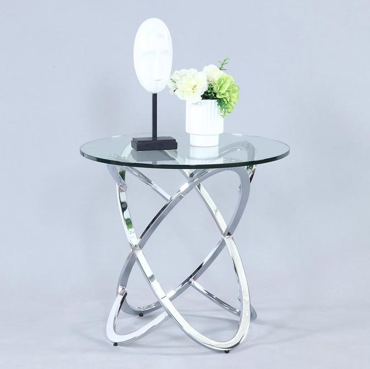 The appearance of 4036 End Table designed by Chintaly Imports in the modern / contemporary interior design. This chrome piece of furniture  was selected by 1StopBedrooms from 4036 Collection to add a touch of cosiness and style into your home. Sku: 4036-LT-T;4036-LT-B. Product Type: End Table. Material: Metal/Glass. Image1
