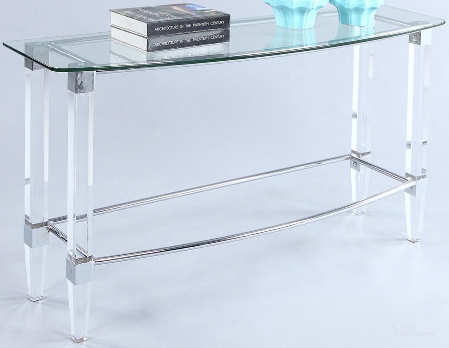 The appearance of 4038 Sofa Table designed by Chintaly Imports in the modern / contemporary interior design. This chrome piece of furniture  was selected by 1StopBedrooms from 4038 Collection to add a touch of cosiness and style into your home. Sku: 4038-ST-T;4038-ST-B. Material: Glass. Product Type: Sofa Table. Image1