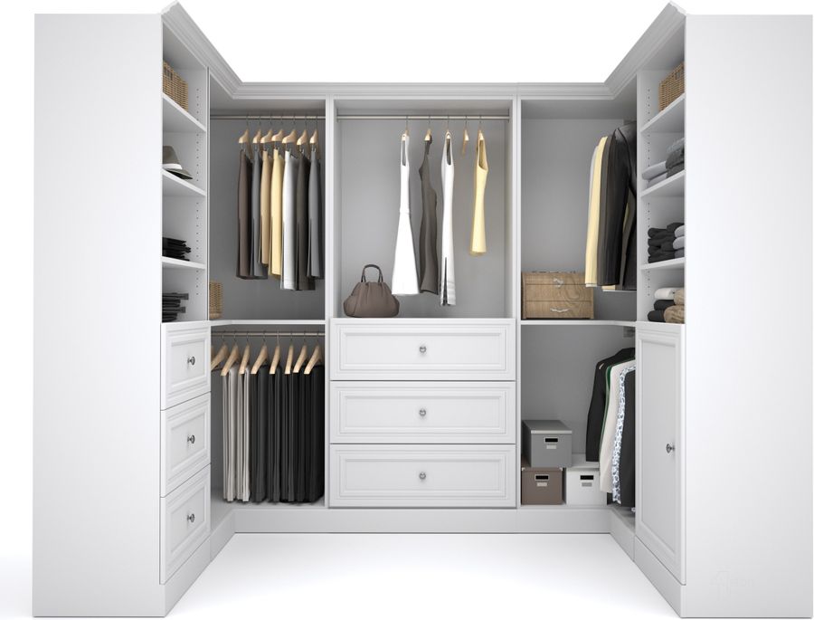 The appearance of Versatile White 108'' Corner Storage Wardrobe designed by Bestar in the modern / contemporary interior design. This white piece of furniture  was selected by 1StopBedrooms from Versatile Collection to add a touch of cosiness and style into your home. Sku: 40875-17. Material: Wood. Product Type: Wardrobe. Image1