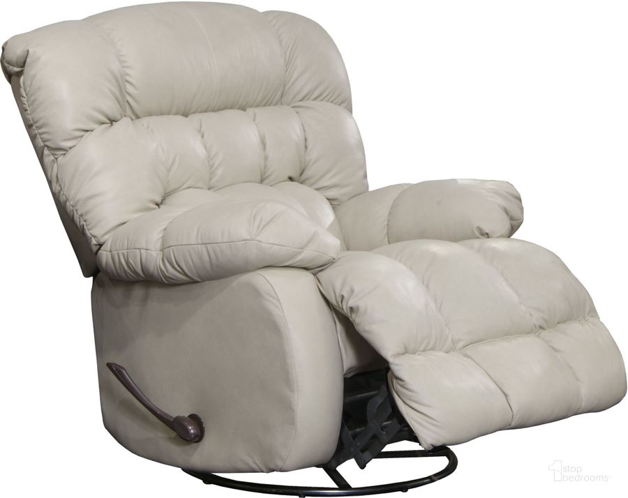 The appearance of Pendleton Alabaster Leather Chaise Swivel Glider Recliner designed by Catnapper in the modern / contemporary interior design. This white piece of furniture  was selected by 1StopBedrooms from Pendleton Collection to add a touch of cosiness and style into your home. Sku: 42135128426308426. Material: Leather. Product Type: Recliner. Image1