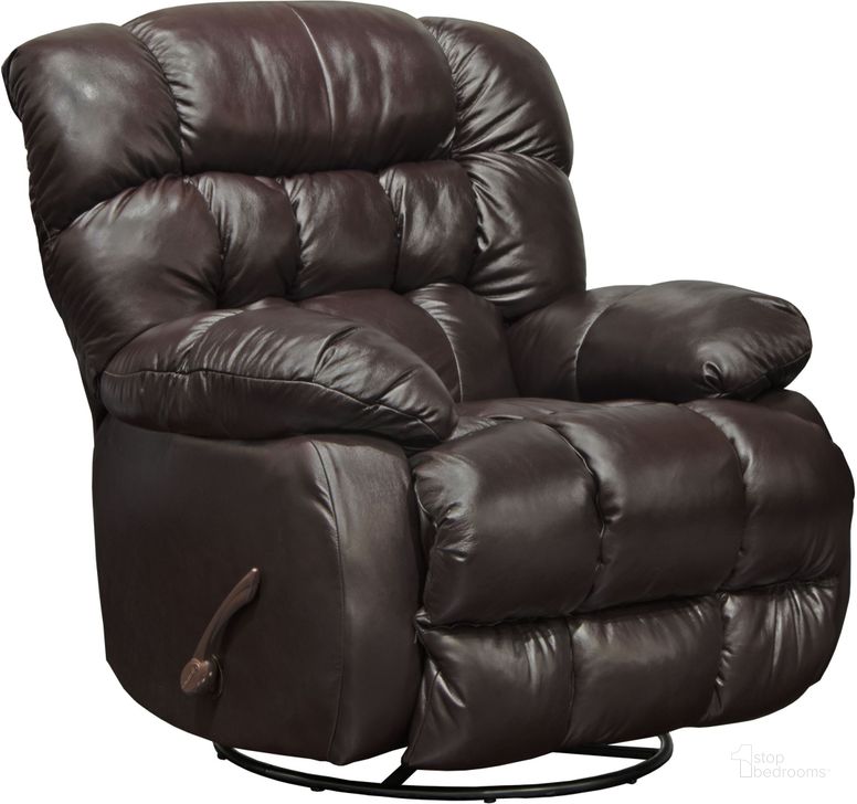 The appearance of Pendleton Chocolate Leather Chaise Swivel Glider Recliner designed by Catnapper in the modern / contemporary interior design. This brown piece of furniture  was selected by 1StopBedrooms from Pendleton Collection to add a touch of cosiness and style into your home. Sku: 42135128429308429. Material: Leather. Product Type: Recliner. Image1