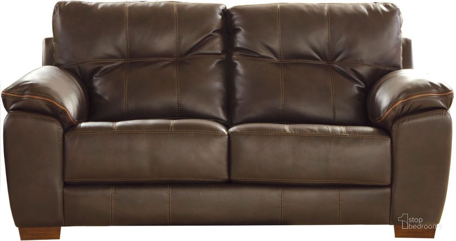 The appearance of Hudson Chocolate Loveseat designed by Jackson in the modern / contemporary interior design. This brown piece of furniture  was selected by 1StopBedrooms from Hudson Collection to add a touch of cosiness and style into your home. Sku: 4396021152912529. Product Type: Loveseat. Material: Vinyl. Image1