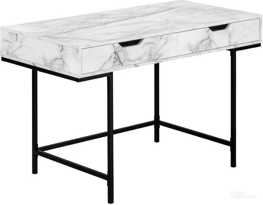 The appearance of 48 Inch Computer Desk In White Marble Look I 7558 designed by Monarch Specialties in the modern / contemporary interior design. This white piece of furniture  was selected by 1StopBedrooms from  to add a touch of cosiness and style into your home. Sku: I 7558. Material: Metal. Product Type: Computer Desk. Image1