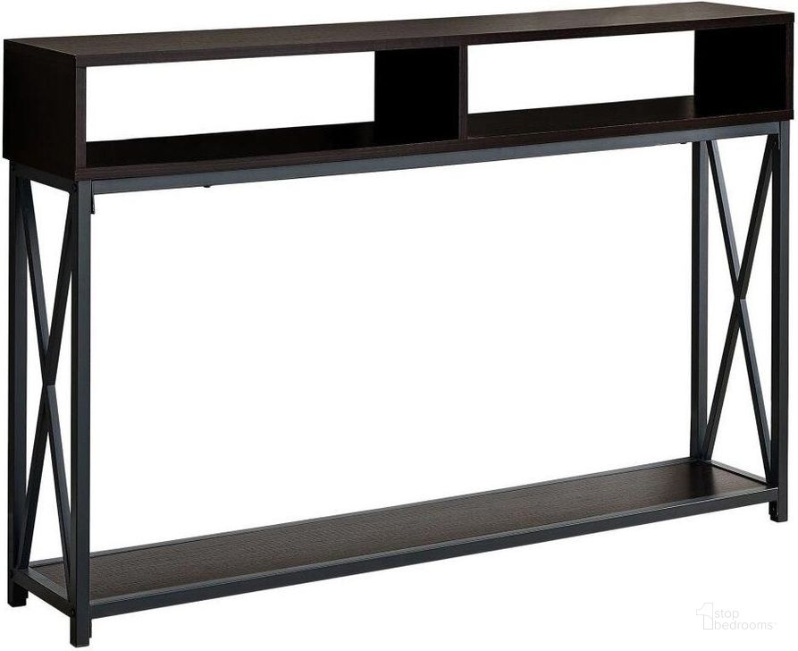 The appearance of 48 Inch Espresso Black Metal Hall Console I 3574 designed by Monarch Specialties in the modern / contemporary interior design. This espresso piece of furniture  was selected by 1StopBedrooms from  to add a touch of cosiness and style into your home. Sku: I 3574. Material: Metal. Product Type: Console. Image1