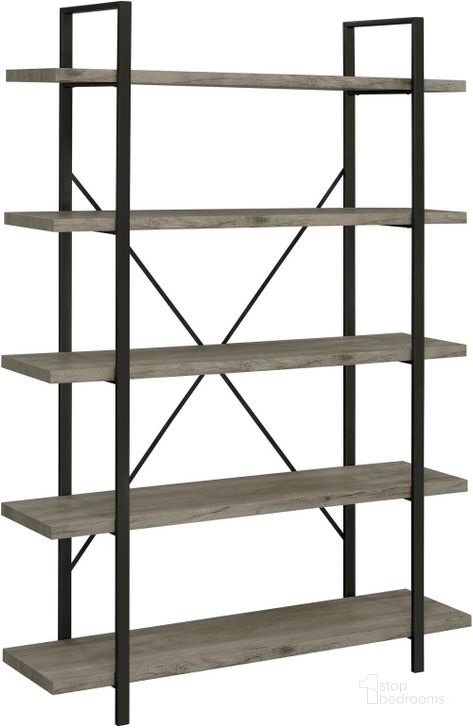 The appearance of 5-Shelf Bookcase In Grey Driftwood And Gunmetal designed by Coaster in the transitional interior design. This grey piece of furniture  was selected by 1StopBedrooms from  to add a touch of cosiness and style into your home. Sku: 805817. Material: Wood. Product Type: Bookcase. Image1
