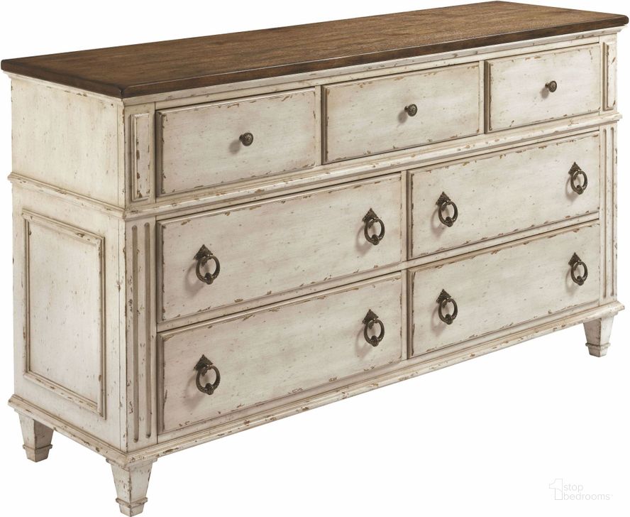 The appearance of Southbury Fossil and Parchment Drawer Dresser designed by American Drew in the modern / contemporary interior design. This brown piece of furniture  was selected by 1StopBedrooms from Southbury Collection to add a touch of cosiness and style into your home. Sku: 513-130. Material: Wood. Product Type: Dresser. Image1