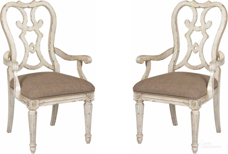 The appearance of Southbury Parchment Cortona Arm Chair Set of 2 designed by American Drew in the transitional interior design. This white piece of furniture  was selected by 1StopBedrooms from Southbury Collection to add a touch of cosiness and style into your home. Sku: 513-637. Material: Fabric. Product Type: Arm Chair. Image1