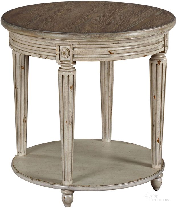 The appearance of Southbury Fossil and Parchment Round End Table designed by American Drew in the transitional interior design. This brown piece of furniture  was selected by 1StopBedrooms from Southbury Collection to add a touch of cosiness and style into your home. Sku: 513-916. Table Top Shape: Round. Material: Wood. Product Type: End Table. Image1