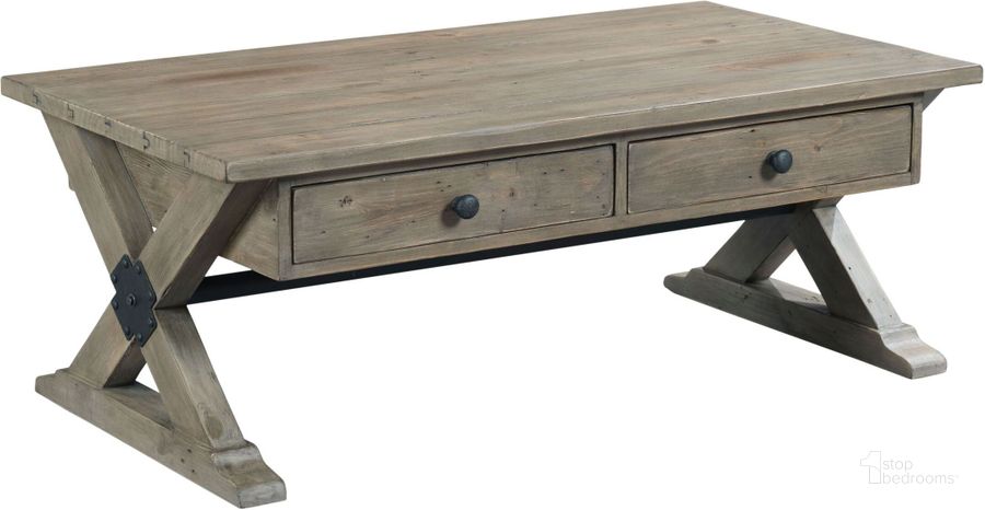 The appearance of Reclamation Place Sundried Natural Rectangular Cocktail Table designed by Hammary in the transitional interior design. This gray piece of furniture  was selected by 1StopBedrooms from Reclamation Place Collection to add a touch of cosiness and style into your home. Sku: 523-910. Material: Wood. Product Type: Cocktail Table. Table Top Shape: Rectangular. Image1