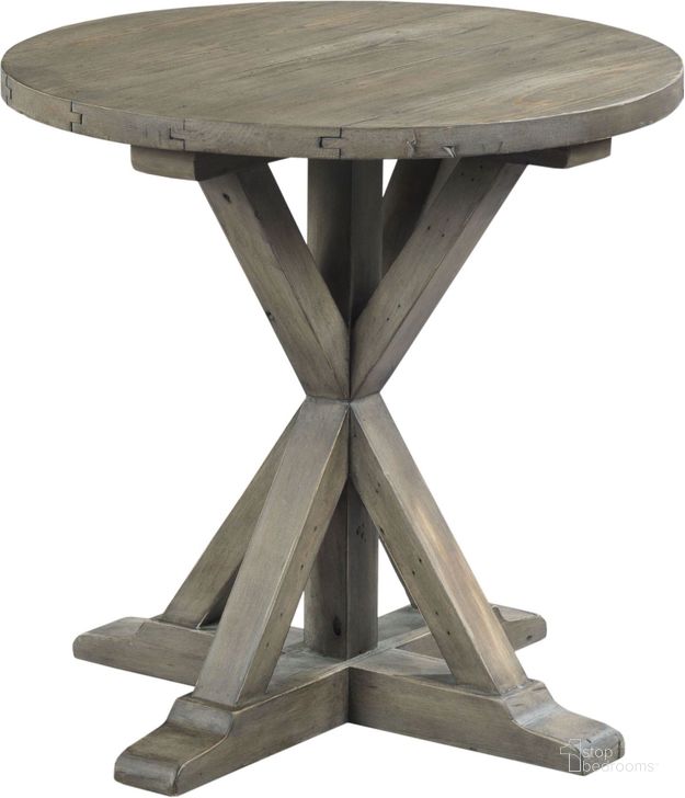 The appearance of Reclamation Place Sundried Natural Round End Table designed by Hammary in the transitional interior design. This gray piece of furniture  was selected by 1StopBedrooms from Reclamation Place Collection to add a touch of cosiness and style into your home. Sku: 523-918. Table Top Shape: Round. Material: Wood. Product Type: End Table.