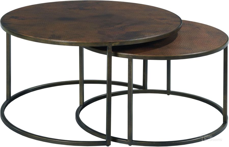 The appearance of Sanford Acid Washed Copper Top Round Cocktail Table designed by Hammary in the traditional interior design. This brown piece of furniture  was selected by 1StopBedrooms from Sanford Collection to add a touch of cosiness and style into your home. Sku: 553-911. Table Top Shape: Round. Material: Metal. Product Type: Cocktail Table. Image1