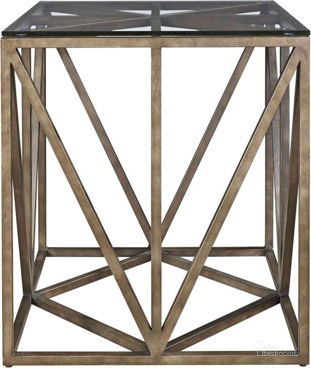 The appearance of Authenticity Khaki Truss Square End Table designed by Universal in the traditional interior design. This brown piece of furniture  was selected by 1StopBedrooms from Authenticity Collection to add a touch of cosiness and style into your home. Sku: 572802. Table Top Shape: Square. Material: Glass. Product Type: End Table. Image1