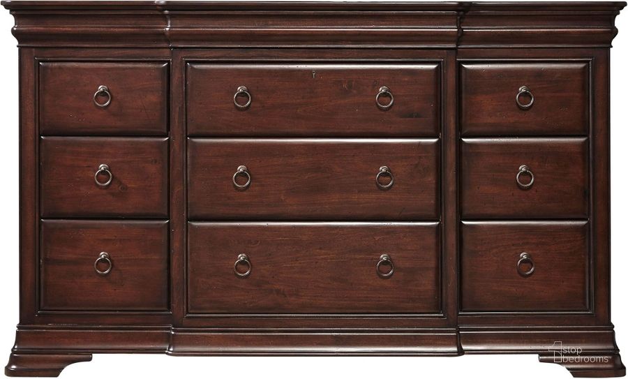 The appearance of Reprise Classical Cherry Dresser designed by Universal in the traditional interior design. This brown piece of furniture  was selected by 1StopBedrooms from Reprise Collection to add a touch of cosiness and style into your home. Sku: 581040. Material: Wood. Product Type: Dresser. Image1