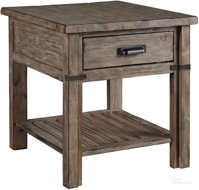 The appearance of Foundry Drawer End Table designed by Kincaid in the country / farmhouse interior design. This brown piece of furniture  was selected by 1StopBedrooms from Homecoming Vintage Pine Collection to add a touch of cosiness and style into your home. Sku: 59-022. Material: Wood. Product Type: End Table. Image1