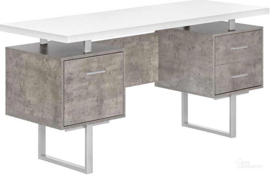 The appearance of 60 Inch Computer Desk In White And Grey Concrete designed by Monarch Specialties in the modern / contemporary interior design. This white piece of furniture  was selected by 1StopBedrooms from  to add a touch of cosiness and style into your home. Sku: I 7633. Product Type: Computer Desk. Material: MDF. Image1