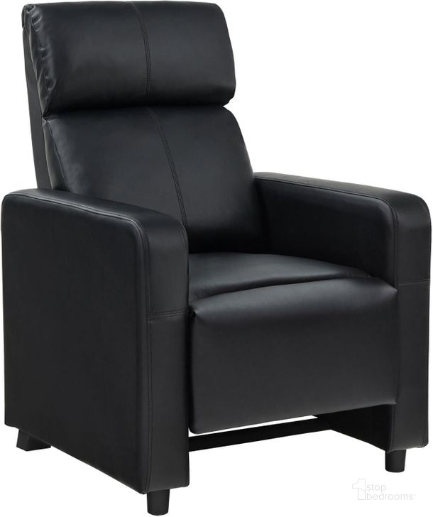 The appearance of 600181 Recliner designed by Coaster in the modern / contemporary interior design. This black piece of furniture  was selected by 1StopBedrooms from Recliners Collection to add a touch of cosiness and style into your home. Sku: 600181. Product Type: Recliner. Material: Vinyl. Key Features: Recliner. Image1