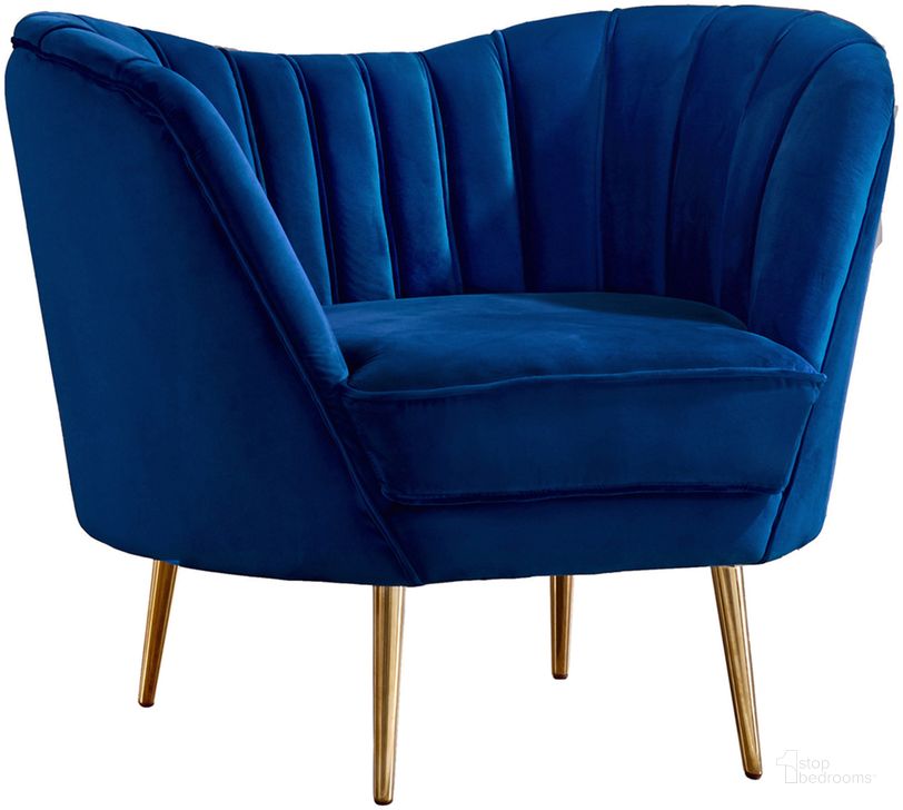 The appearance of Meridian Margo Velvet Chair in Navy designed by Meridian in the modern / contemporary interior design. This navy velvet piece of furniture  was selected by 1StopBedrooms from Margo Collection to add a touch of cosiness and style into your home. Sku: 622Navy-C. Material: Fabric. Product Type: Living Room Chair. Image1