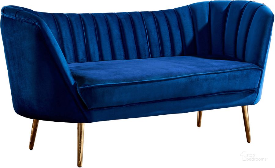 The appearance of Meridian Margo Velvet Loveseat in Navy designed by Meridian in the modern / contemporary interior design. This navy velvet piece of furniture  was selected by 1StopBedrooms from Margo Collection to add a touch of cosiness and style into your home. Sku: 622Navy-L. Material: Fabric. Product Type: Loveseat. Image1