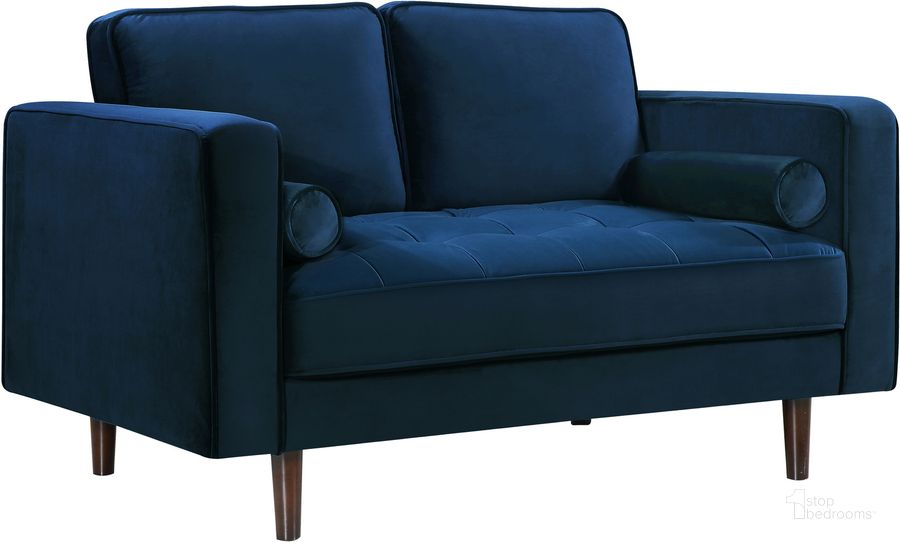 The appearance of Meridian Emily Velvet Loveseat in Navy designed by Meridian in the modern / contemporary interior design. This navy velvet piece of furniture  was selected by 1StopBedrooms from Emily Collection to add a touch of cosiness and style into your home. Sku: 625Navy-L. Material: Fabric. Product Type: Loveseat. Image1
