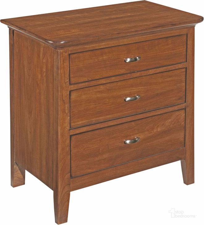 The appearance of Cherry Park 3 Drawer Nightstand designed by Kincaid in the transitional interior design. This brown piece of furniture  was selected by 1StopBedrooms from Cherry Park Collection to add a touch of cosiness and style into your home. Sku: 63-141V. Material: Wood. Product Type: Nightstand. Image1