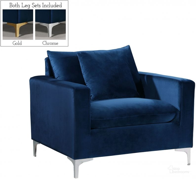 The appearance of Meridian Naomi Velvet Chair in Navy designed by Meridian in the modern / contemporary interior design. This navy velvet piece of furniture  was selected by 1StopBedrooms from Naomi Collection to add a touch of cosiness and style into your home. Sku: 633Navy-C. Material: Fabric. Product Type: Living Room Chair. Image1