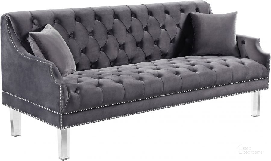 The appearance of Meridian Roxy Velvet Sofa in Grey designed by Meridian in the modern / contemporary interior design. This grey velvet piece of furniture  was selected by 1StopBedrooms from Roxy Collection to add a touch of cosiness and style into your home. Sku: 635Grey-S. Material: Fabric. Product Type: Sofa. Image1