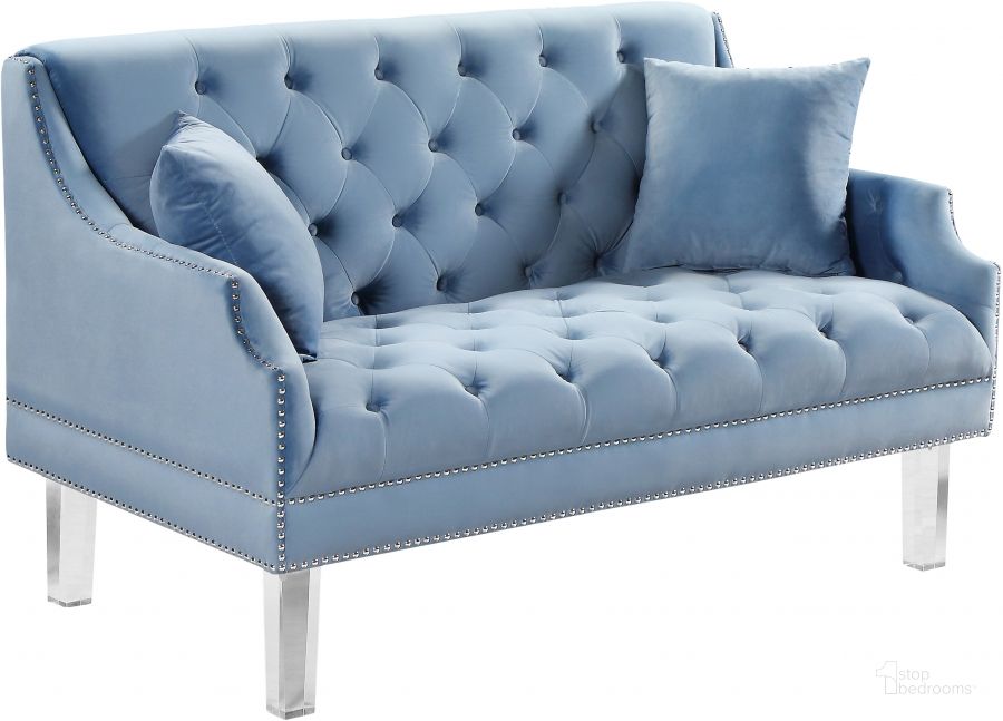 The appearance of Meridian Roxy Velvet Loveseat in Sky Blue 635SkyBlu-L designed by Meridian in the modern / contemporary interior design. This sky blue velvet piece of furniture  was selected by 1StopBedrooms from Roxy Collection to add a touch of cosiness and style into your home. Sku: 635SkyBlu-L. Material: Upholstered. Product Type: Loveseat. Image1