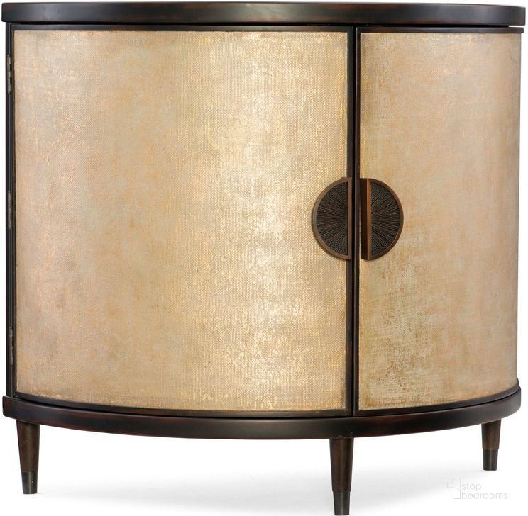 The appearance of Melange Gold Em Demilune Accent Chest designed by Hooker in the transitional interior design. This gold piece of furniture  was selected by 1StopBedrooms from Melange Collection to add a touch of cosiness and style into your home. Sku: 638-85314-GLD. Material: Wood. Product Type: Accent Chest. Image1