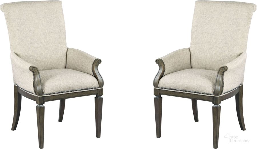 The appearance of Savona Elm Camille Upholstered Arm Chair Set of 2 designed by American Drew in the transitional interior design. This cream piece of furniture  was selected by 1StopBedrooms from Savona Collection to add a touch of cosiness and style into your home. Sku: 654-623. Material: Fabric. Product Type: Arm Chair. Image1