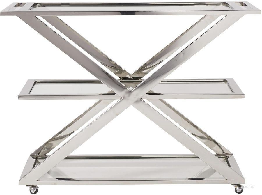 The appearance of Modern Draper Chrome Bar Cart designed by Universal in the modern / contemporary interior design. This chrome piece of furniture  was selected by 1StopBedrooms from Draper Collection to add a touch of cosiness and style into your home. Sku: 656D860. Material: Metal. Product Type: Bar Cart. Image1