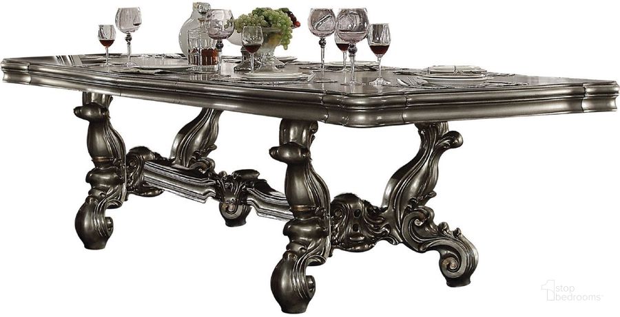 The appearance of Versailles Antique Platinum Extendable Rectangular Dining Table designed by ACME in the rustic / southwestern interior design. This silver piece of furniture  was selected by 1StopBedrooms from Versailles Collection to add a touch of cosiness and style into your home. Sku: 66820T;66821ST. Table Base Style: Trestle. Material: Wood. Product Type: Dining Table. Table Top Shape: Rectangular. Image1