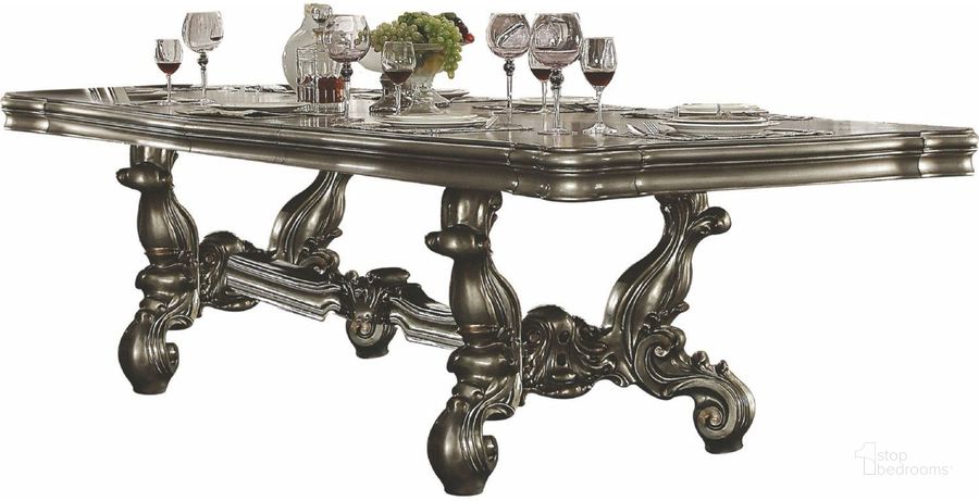 The appearance of Versailles Antique Platinum Extendable Dining Table designed by ACME in the rustic / southwestern interior design. This antique platinum piece of furniture  was selected by 1StopBedrooms from Versailles Collection to add a touch of cosiness and style into your home. Sku: 66830T;66831ST. Table Base Style: Trestle. Material: Wood. Product Type: Dining Table. Table Top Shape: Rectangular. Image1